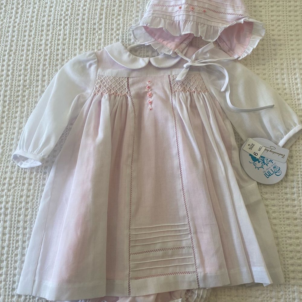Charming Pink and White Baby Dress with Bonnet